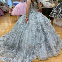 Sweetheart Sky Blue Ball Gown Quinceanera Dress 2024 Tulle Appliques Off Shoulder Sweet 15 16 Years Birthday Party Formal