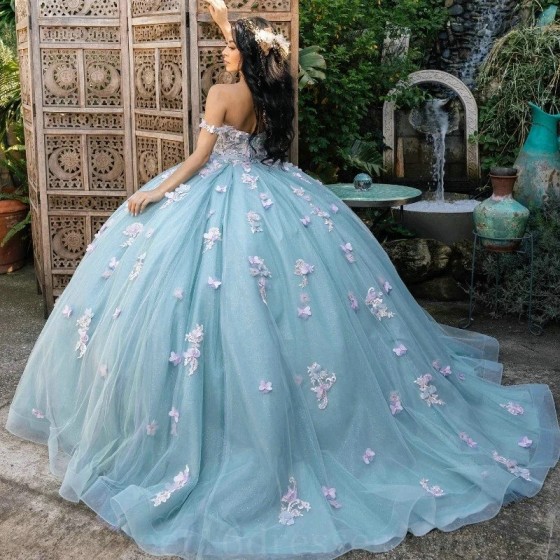 Sweetheart Sky Blue Mexican Quinceanera Dresses Handmade 3D Floral Applique Bow Birthday Princess Formal Ball Gowns Vestidos XV