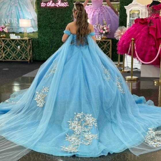 Sweetheart Sky Blue Quinceanera Dress 2024 Ball Gown With Cape Appliques Lace Beading Princess Party Gown