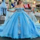 Sweetheart Sky Blue Quinceanera Dress 2024 Ball Gown With Cape Appliques Lace Beading Princess Party Gown