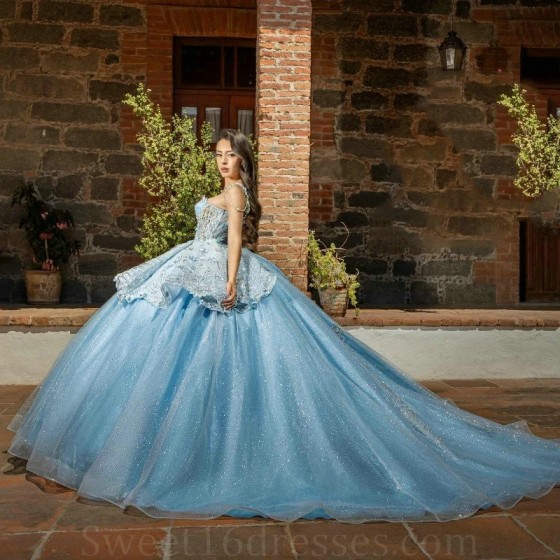 Sweetheart Sky Blue Quinceanera Dress Off Shoulder Princess Prom Ball Gown Sweet 16 XV Years Old Beads Lace Birthday Pageant