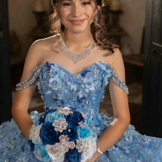 Sweetheart Sky Blue Quinceanera Dresses Ball Gown 3D Floral Flowers Appliques Lace Beads Off Shoulder Corset For Sweet 15 Girls