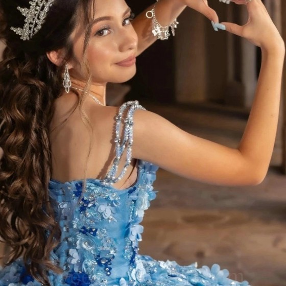 Sweetheart Sky Blue Quinceanera Dresses Ball Gown 3D Floral Flowers Appliques Lace Beads Off Shoulder Corset For Sweet 15 Girls