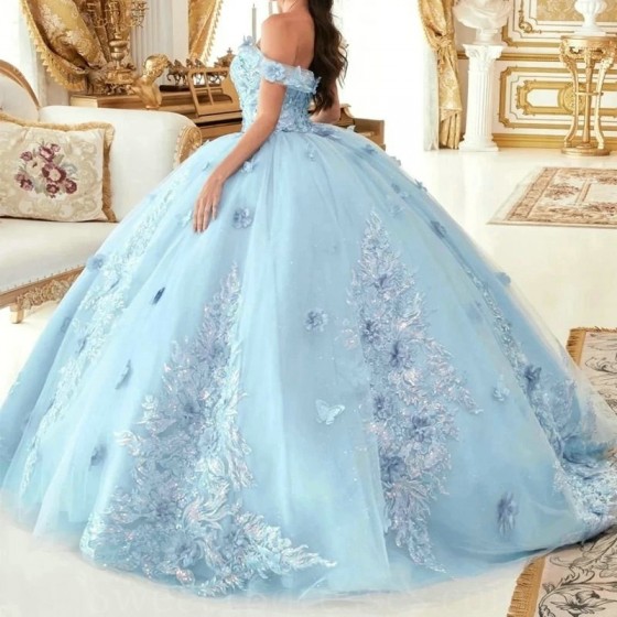 Sweetheart Sky Blue Shiny Quinceanera Dress 3DFlower Applique Lace Ball Gown Off the Shoulder Sweet 16 Vestidos De 15 Anos