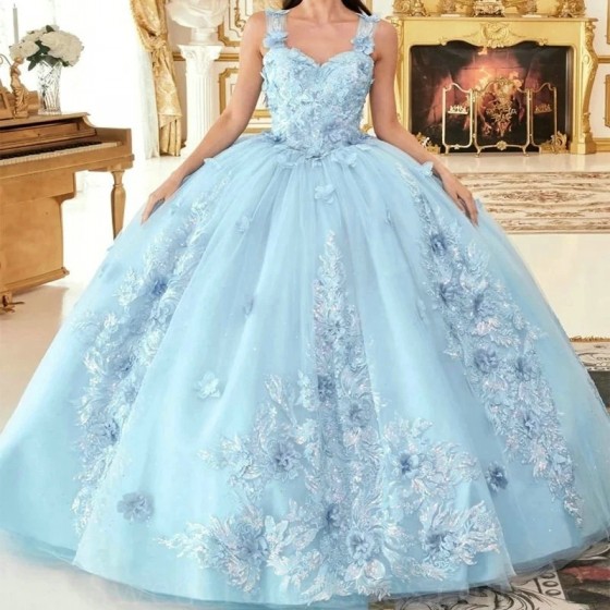 Sweetheart Sky Blue Shiny Quinceanera Dress 3DFlower Applique Lace Ball Gown Off the Shoulder Sweet 16 Vestidos De 15 Anos