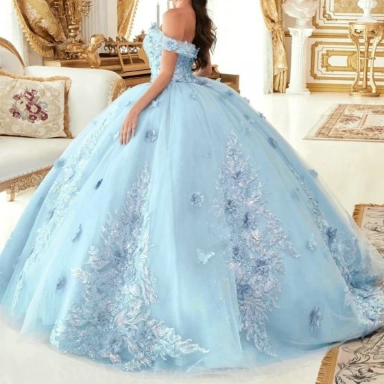 Sweetheart Sky Blue Shiny Quinceanera Dress 3DFlower Applique Lace Ball Gown Off the Shoulder Sweet 16 Vestidos De 15 Anos