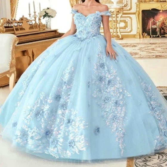 Sweetheart Sky Blue Shiny Quinceanera Dress 3DFlower Applique Lace Ball Gown Off the Shoulder Sweet 16 Vestidos De 15 Anos