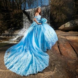 Sweetheart Sky Blue Shiny Quinceanera Dresses For Sweet 16 Girls Beads Appliques Princess Ball Gowns Floor Length Tull 15 Vestid