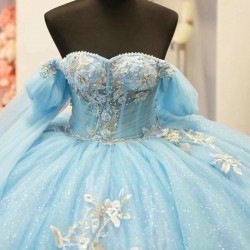 Sweetheart Sky Blue Shiny Quinceanrea Dresses XV Applique Flower Beads Sweet 16 Princess Vestido De 15 Quinceanera 2024