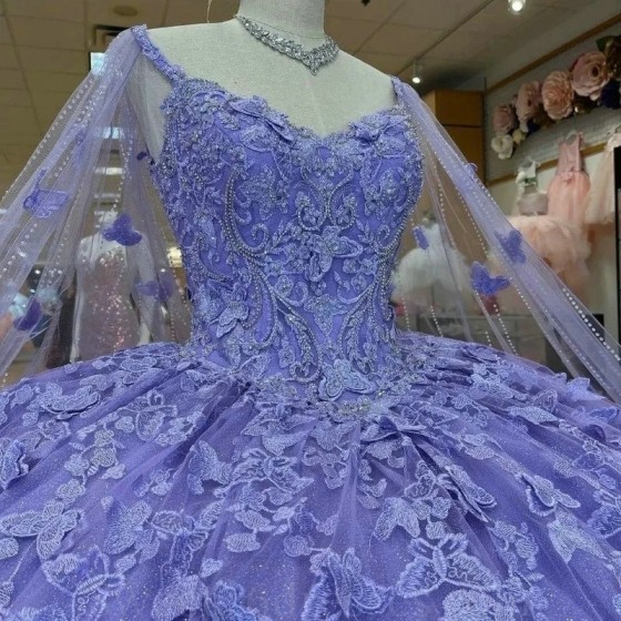 Tulle Lavender Shiny Quinceanera Dresses Applique Bow Beads With Cape Brithday Dance Party Sweet 16 Dress Vestido De 15 Anos