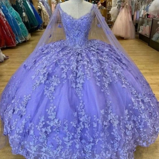 Tulle Lavender Shiny Quinceanera Dresses Applique Bow Beads With Cape Brithday Dance Party Sweet 16 Dress Vestido De 15 Anos