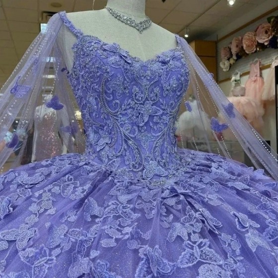 Tulle Lavender Shiny Quinceanera Dresses Applique Bow Beads With Cape Brithday Dance Party Sweet 16 Dress Vestido De 15 Anos