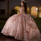 Tulle Pink Shiny Ball Gown Quinceanera Dress Appliques Beads Flowers Bow Off Shoulder Sweet 15 16 Years Birthday Party Formal