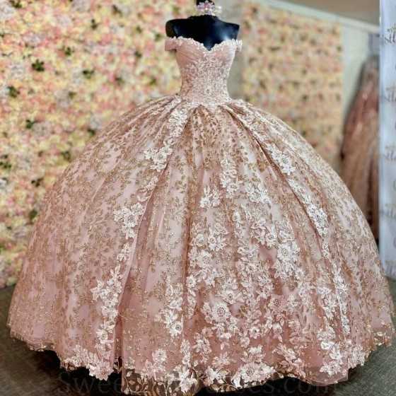 Tulle Pink Shiny Quinceanera Dress Princess Prom Gown Gold Appliques Lace Beads Sweet 15 16 Dress Vestidos De 15 Anos