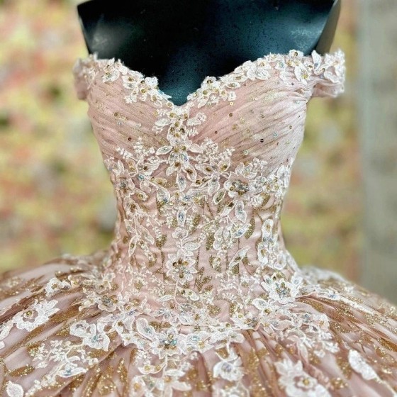 Tulle Pink Shiny Quinceanera Dress Princess Prom Gown Gold Appliques Lace Beads Sweet 15 16 Dress Vestidos De 15 Anos