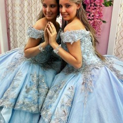 Tulle Sky Blue Shiny Quinceanera Dress Ball Gown Applique Lace 3DFlower Beads Off the Shoulder Sweet 16 Dress