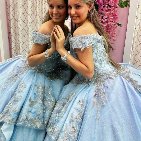 Tulle Sky Blue Shiny Quinceanera Dress Ball Gown Applique Lace 3DFlower Beads Off the Shoulder Sweet 16 Dress