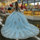 Tulle Sky Blue Shiny Quinceanera Dress Ball Gown Applique Lace 3DFlower Beads Off the Shoulder Sweet 16 Dress