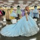 Tulle Sky Blue Shiny Quinceanera Dress Ball Gown Applique Lace 3DFlower Beads Off the Shoulder Sweet 16 Dress