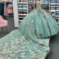 V Neck Aqua Blue Shiny Princess Quinceanera Dress Ball Gown With Cape Applique Lace Beadig Sweet 16 Dress Vestidos De 15 Anos