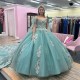 V Neck Aqua Blue Shiny Princess Quinceanera Dress Ball Gown With Cape Applique Lace Beadig Sweet 16 Dress Vestidos De 15 Anos