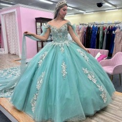 V Neck Aqua Blue Shiny Princess Quinceanera Dress Ball Gown With Cape Applique Lace Beadig Sweet 16 Dress Vestidos De 15 Anos