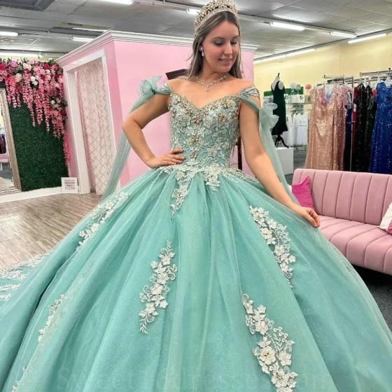 V Neck Aqua Blue Shiny Princess Quinceanera Dress Ball Gown With Cape Applique Lace Beadig Sweet 16 Dress Vestidos De 15 Anos