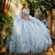 V Neck Ball Gown Sky Blue Quinceanera Dresses Off The Shoulder Appliques Lace Flowers Vestido De 15 Anos Sweet 16