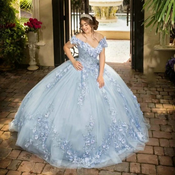 V Neck Ball Gown Sky Blue Quinceanera Dresses Off The Shoulder Appliques Lace Flowers Vestido De 15 Anos Sweet 16