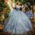 V Neck Ball Gown Sky Blue Quinceanera Dresses Off The Shoulder Appliques Lace Flowers Vestido De 15 Anos Sweet 16