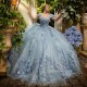 V Neck Ball Gown Sky Blue Quinceanera Dresses Off The Shoulder Appliques Lace Flowers Vestido De 15 Anos Sweet 16