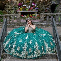 V Neck Emerald Green Ball Gown Quinceanera Dresses Gold Applique Beads Sweet 16 Dress Pageant Gowns Vestidos De 15 Anos