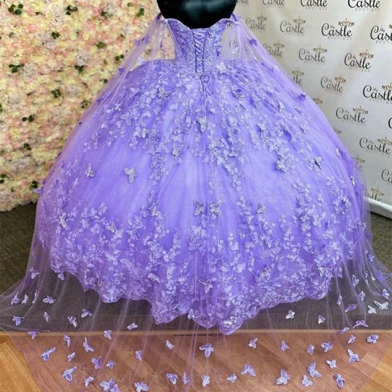 V Neck Lavender Ball Gown Quinceanera Dresses Spaghetti Strap Appliques Lace Bow Beads With Cape Vestido De 15 Anos