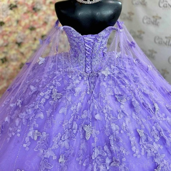 V Neck Lavender Ball Gown Quinceanera Dresses Spaghetti Strap Appliques Lace Bow Beads With Cape Vestido De 15 Anos