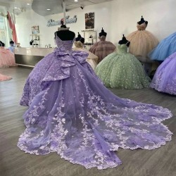 V Neck Lavender Princess Quinceanera Dresses Spaghetti Strap Applique Beads Crystal Vestidos De 15 Anos