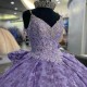 V Neck Lavender Princess Quinceanera Dresses Spaghetti Strap Applique Beads Crystal Vestidos De 15 Anos