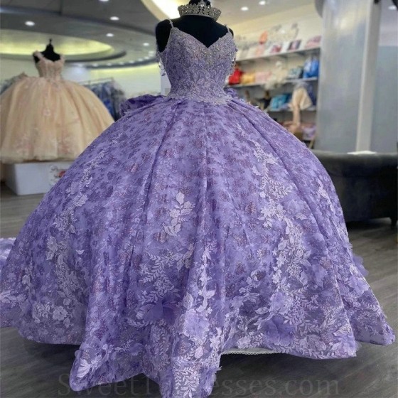 V Neck Lavender Princess Quinceanera Dresses Spaghetti Strap Applique Beads Crystal Vestidos De 15 Anos