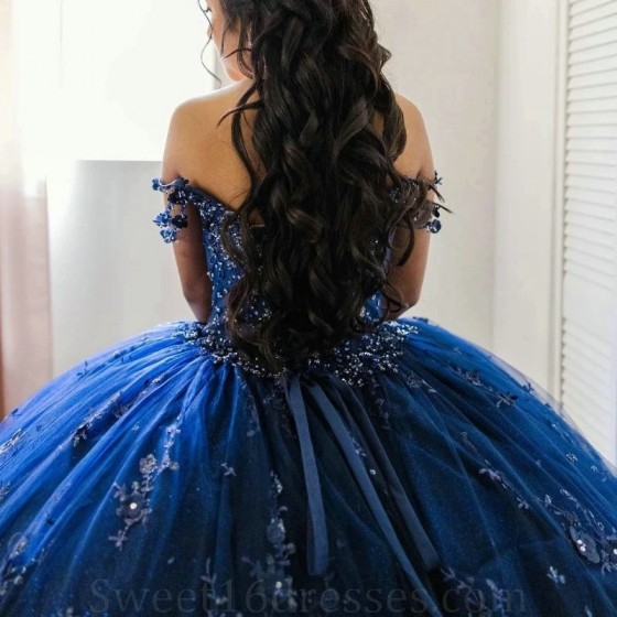 V Neck Navy Blue Quinceanera Dress Off The Shoulder Appliques Lace Beads Cut-Out Beads Sequin For 15 Girls Ball Formal