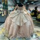 V Neck Pink Shiny Beaded Ball Gown Quinceanera Dresses Gold Applique Beads Sweet 16 Dress Pageant Gowns Vestidos De 15 Anos