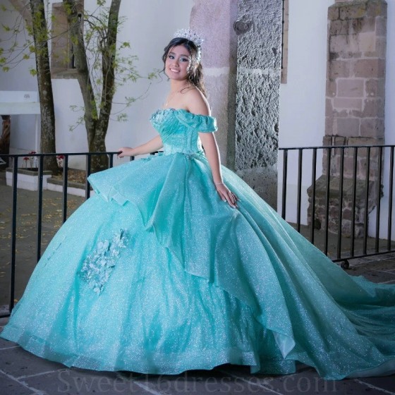 Water Blue Shiny Quinceanera Dress Off The Shoulder Applique Beads Tull Princess Sweet 16 Birthday Party Gown Vestido De 15 Anos