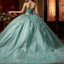 Water Blue Sparkle Tulle Quinceanera Dress Ball Gown Detachable Long Sleeves Strapless Sweet 16 Dress 2024 Party Prom Dress