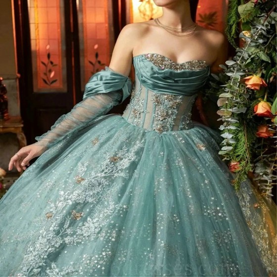 Water Blue Sparkle Tulle Quinceanera Dress Ball Gown Detachable Long Sleeves Strapless Sweet 16 Dress 2024 Party Prom Dress