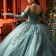 Water Blue Sparkle Tulle Quinceanera Dress Ball Gown Detachable Long Sleeves Strapless Sweet 16 Dress 2024 Party Prom Dress