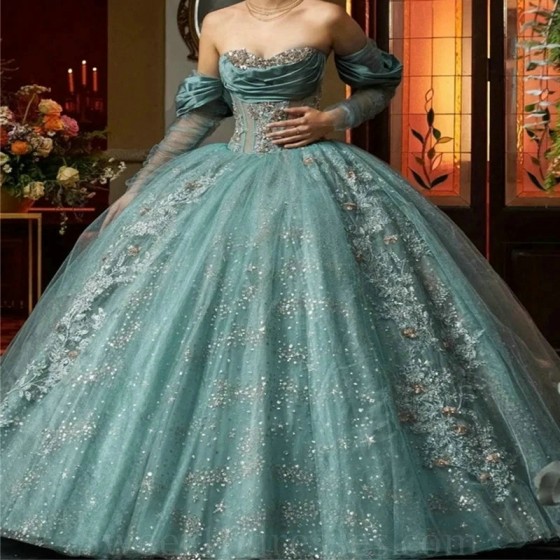 Water Blue Sparkle Tulle Quinceanera Dress Ball Gown Detachable Long Sleeves Strapless Sweet 16 Dress 2024 Party Prom Dress